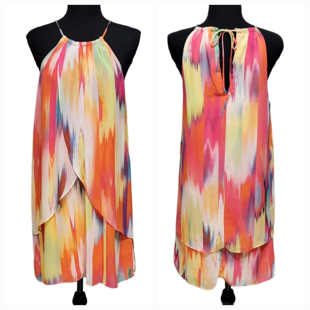 Bisou Bisou Michele Bohbot Size 6 Flowy Layered Colorful Halter Dress